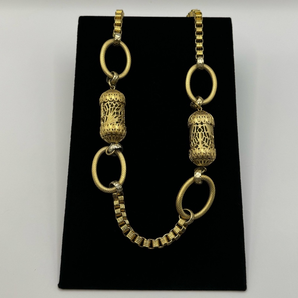 YSL Vintage Long Box Chain Filigree Barrel Necklace - Picture 4 of 13